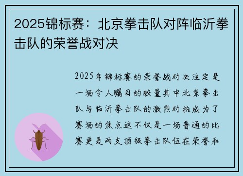 2025锦标赛：北京拳击队对阵临沂拳击队的荣誉战对决